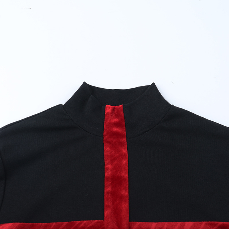 Dark Gothic Black Red Contrast Knit Top - Velvet Cross Slim Long Sleeve T-Shirt